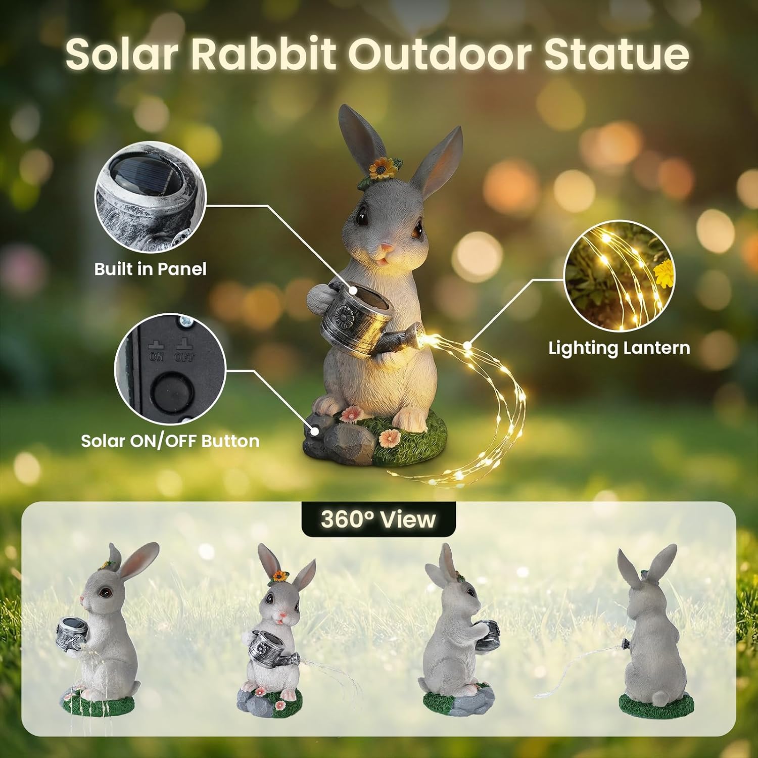 Solar Watering Can Rabbit Garden Statue