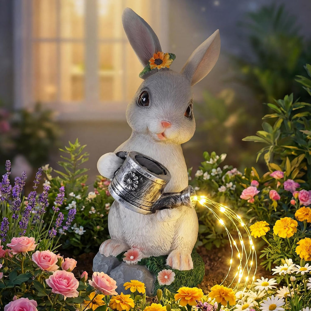 Solar Watering Can Rabbit Garden Statue