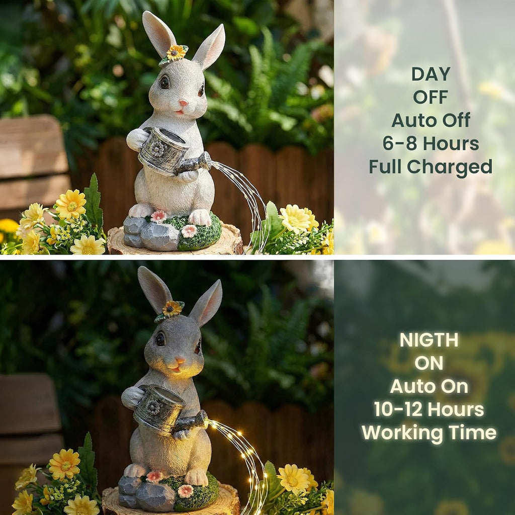 Solar Watering Can Rabbit Garden Statue