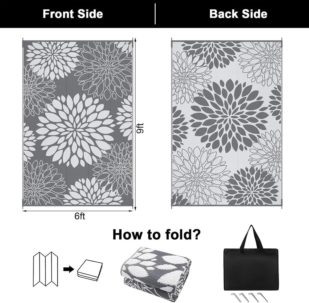 Floral Reversible Plastic Straw Outdoor Rug