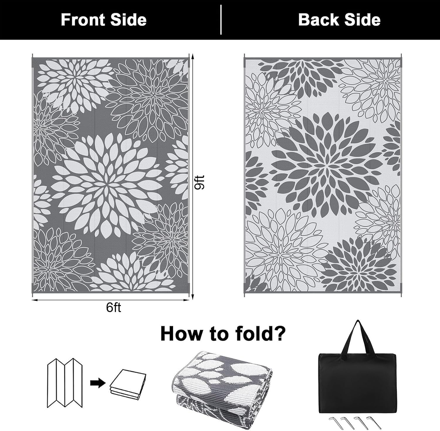 Floral Reversible Plastic Straw Outdoor Rug