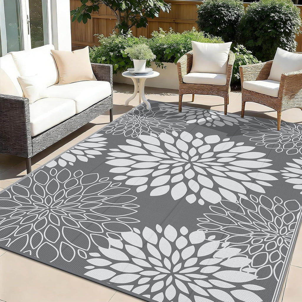 Floral Reversible Plastic Straw Outdoor Rug