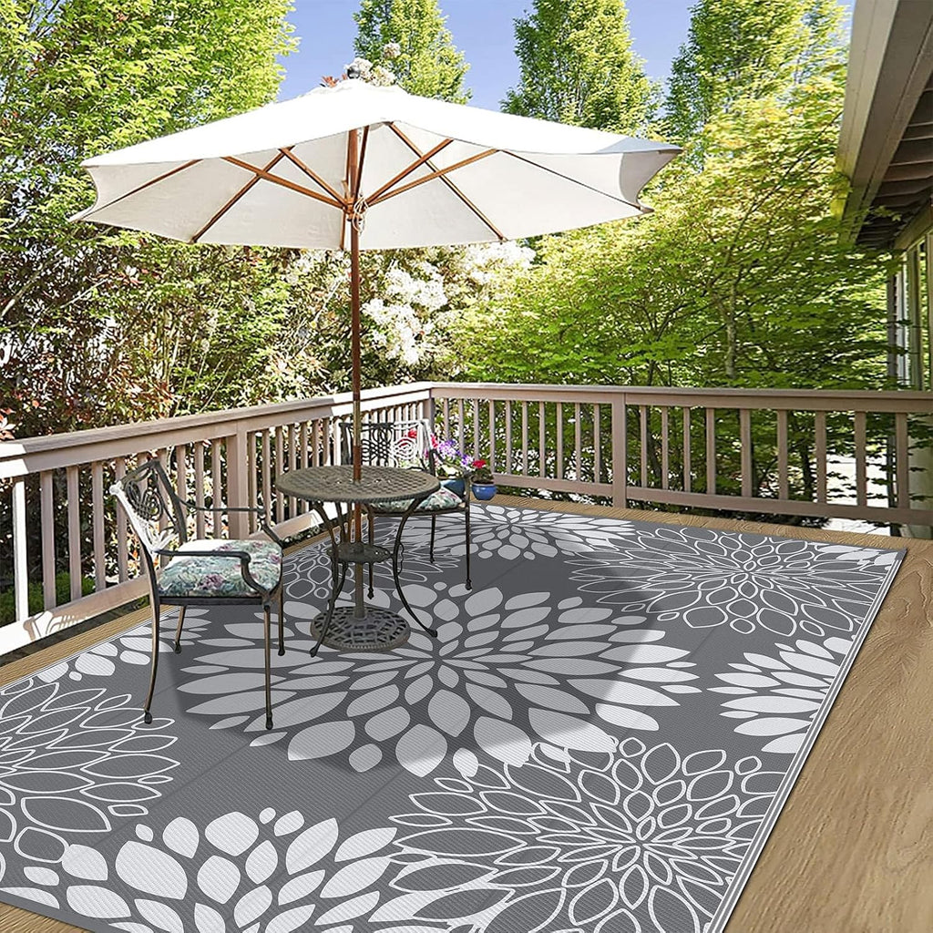 Floral Reversible Plastic Straw Outdoor Rug