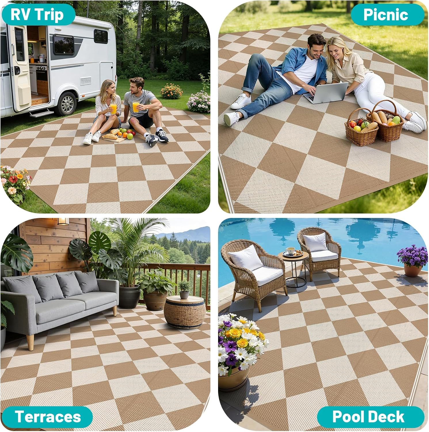 Checkered Reversible Plastic Straw Outdoor Rug